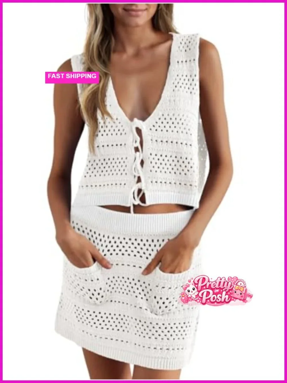 Crochet Swim Cover Up 2 Piece V Neck Sleeveless Front Tie Crop Top Mini Skirt
